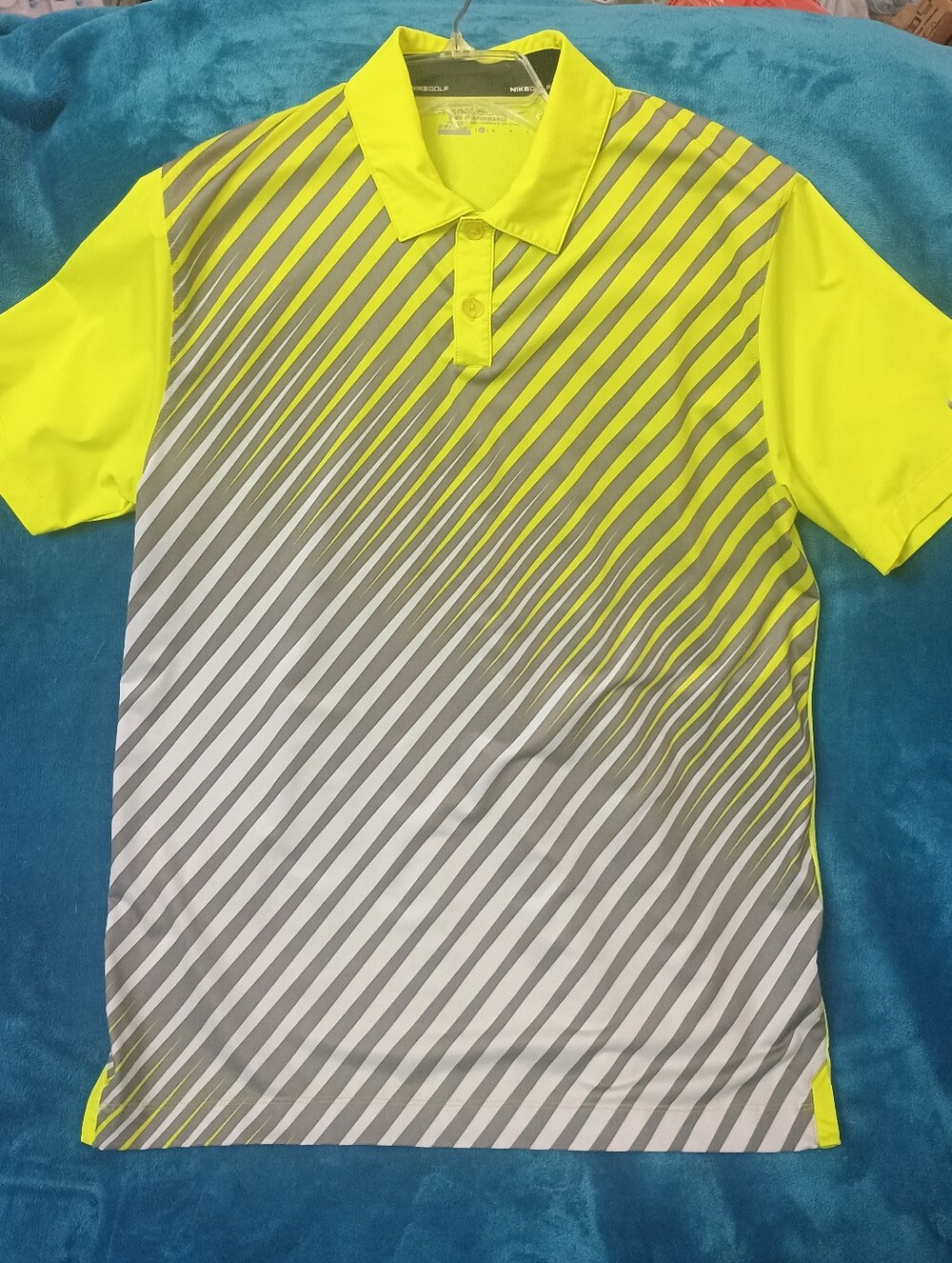 Nike Golf Neon Yellow and Gray Diagonal Stripe Dri-fit Polo Medium